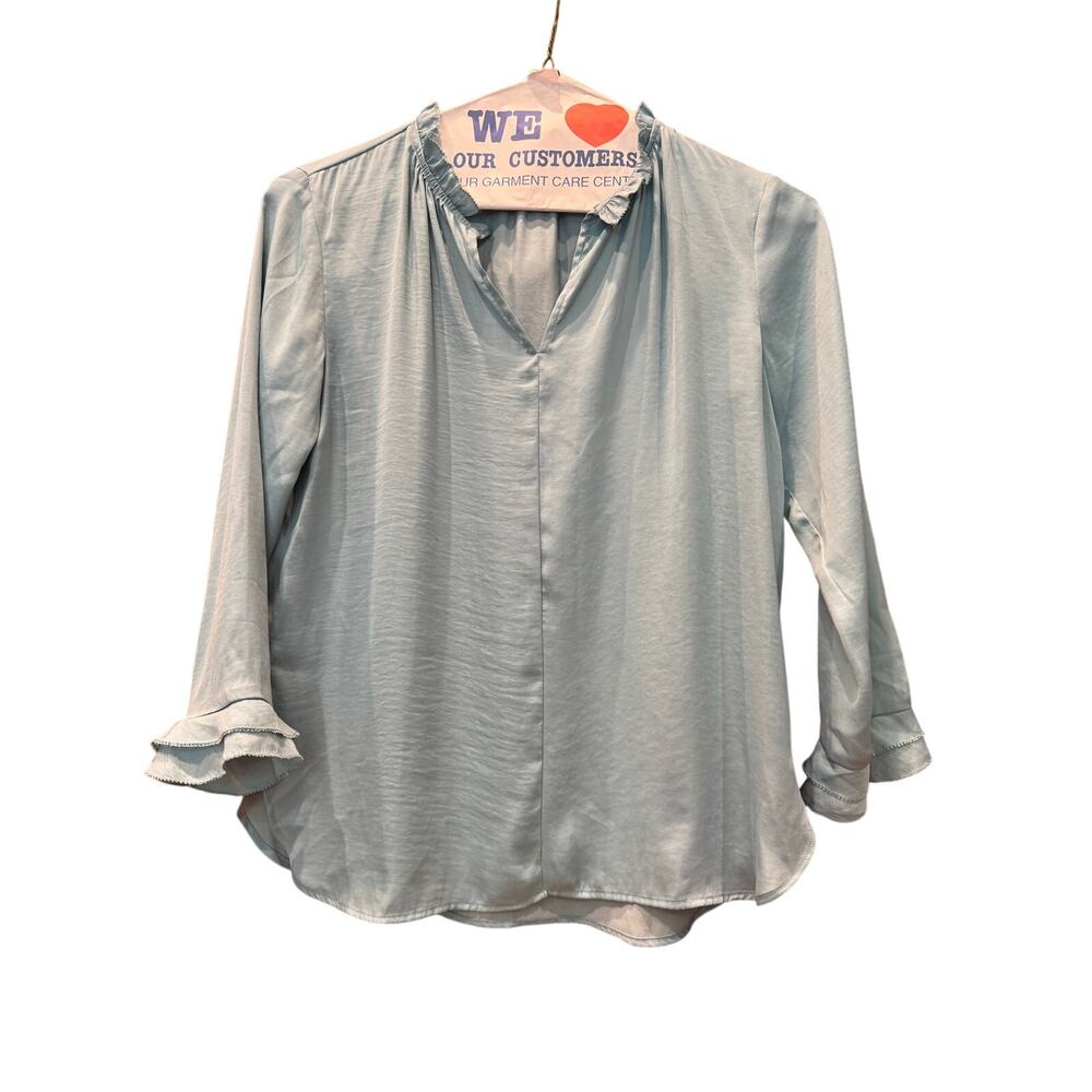 Loft XS Petite Satin pale Blue Blouse ruffled Peasant Cottagecore Coquette